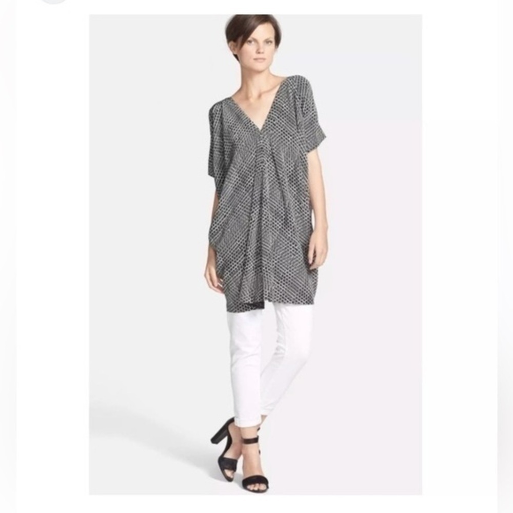 Vince Ladder Print V-Neck Silk Tunic Dress Size Small